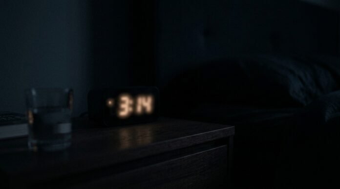 A digital clock reading the early hours glowing in a dark room, softly out of focus.
