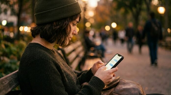A person looking at a phone in soft light, waiting for a reply, expression hopeful and tense.