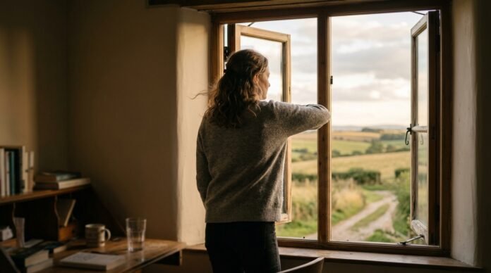 A person standing at an open window with their back to the room, seeking air and space.