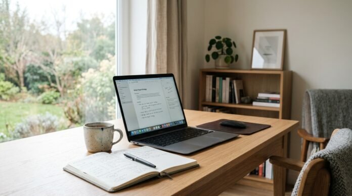 A calm, organized home workspace with a laptop and notebook in soft natural light, no people.