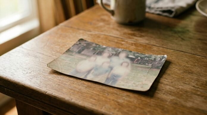 A faded family photograph resting on a wooden table in warm light, softly out of focus.