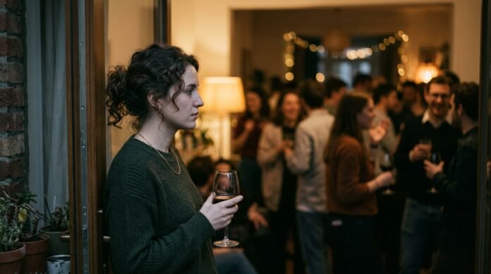 A single person slightly apart from a blurred group at a social gathering, holding a drink.