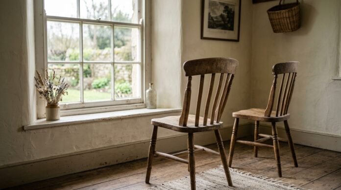 Two empty chairs by a window in soft light, one slightly turned away, quiet and contemplative.