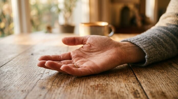 A person's open hand resting calmly on a table in warm light, relaxed and steady, a quiet line.