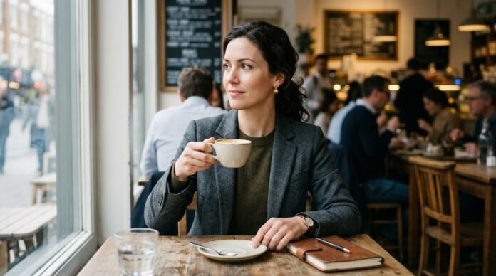 A person smiling faintly at a cafe table while looking away, coffee in hand, soft daylight.