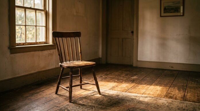 Warm light through a window falling on an empty chair and worn wooden floor, a sense of memory.