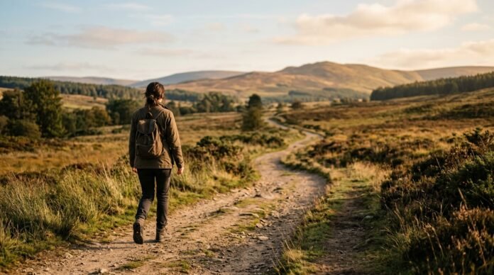 A person walking outdoors in warm morning light, seen from behind, moving forward steadily.