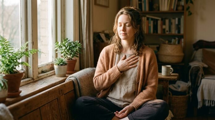 A person sitting quietly with eyes closed in warm morning light, hand resting over the chest.