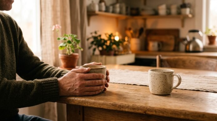 Two coffee mugs on a table, one held in two hands, a warm and steady domestic moment.