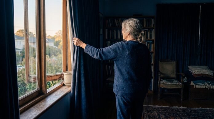 A person opening curtains to let daylight into a dim room, seen from behind, a small action.