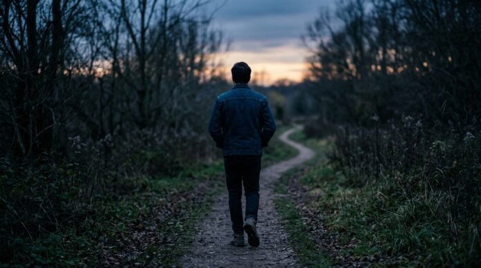 A person on a quiet evening walk on an empty path, seen from behind, in soft fading light.