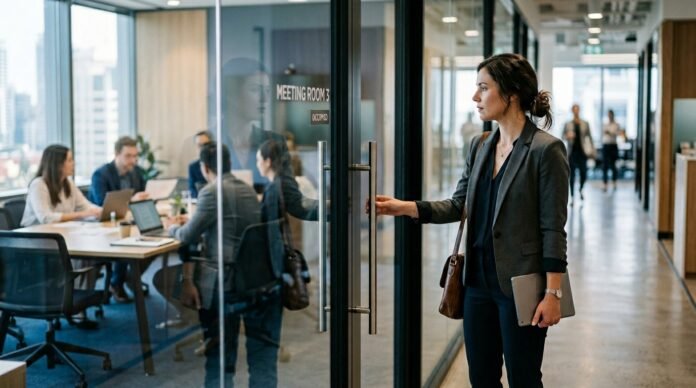 A person standing outside a meeting room glass door, hesitating before entering, seen in reflection.