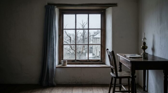 A window on a grey winter afternoon with weak light entering a quiet interior, no people.