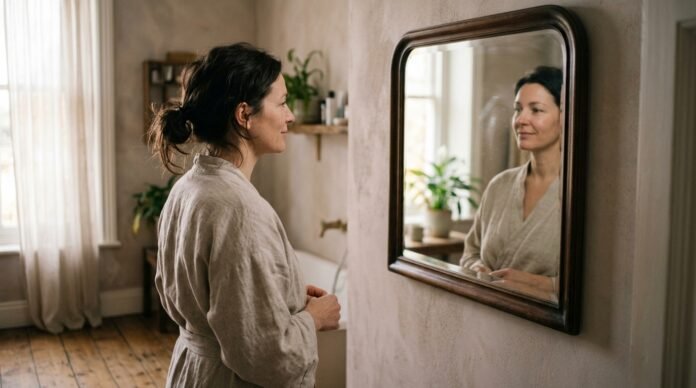 A person looking calmly toward a softly lit mirror, relaxed rather than evaluating, warm light.
