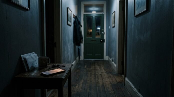 A closed apartment door seen from inside a dim hallway, a phone glowing on a table nearby.