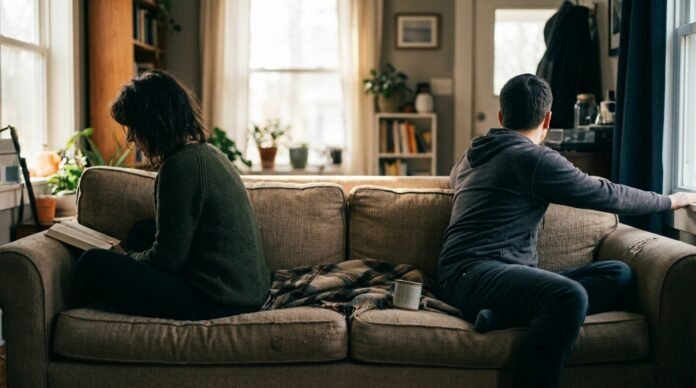 Two people on a sofa turned subtly away from each other in warm but cooling light.
