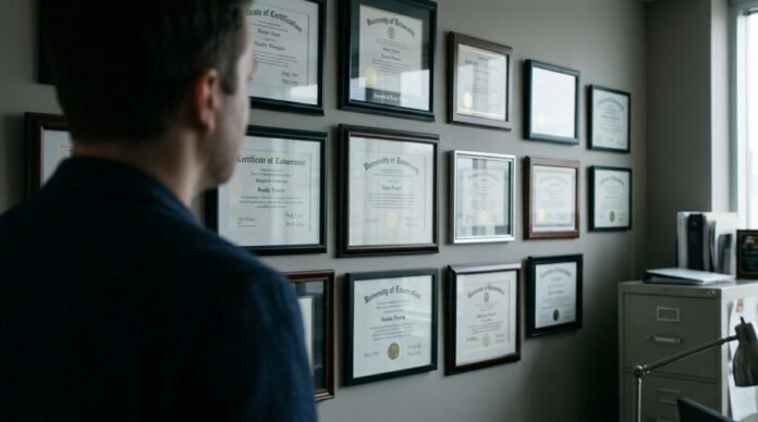 A wall of framed certificates softly out of focus, viewed past a person's shoulder.