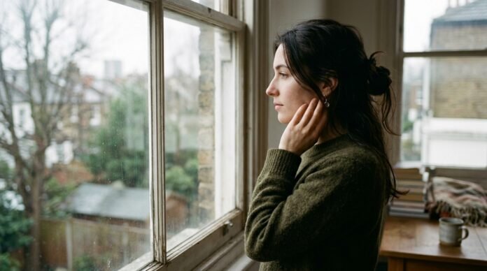 A person seen in profile by a window, expression shifting from a smile to thoughtful stillness.