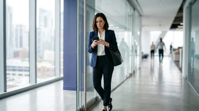 A composed, well-dressed person checking their phone in a bright office corridor, mid-stride.