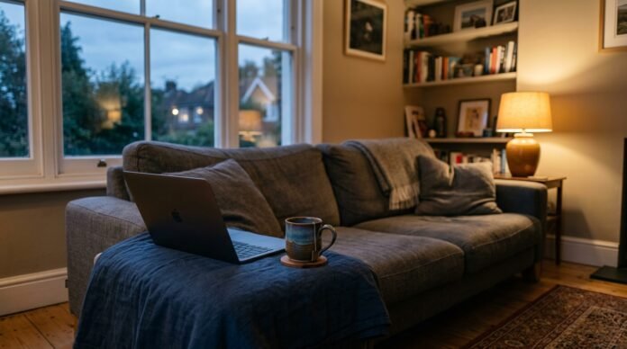 A Sunday evening living room in fading light, a laptop half-closed, the weekend ending.