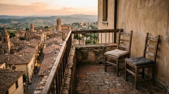 Two chairs on a porch spaced slightly apart in warm evening light, both empty, calm and open.