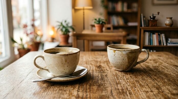 Two coffee cups facing each other across a table, one closer, one held back, warm light.