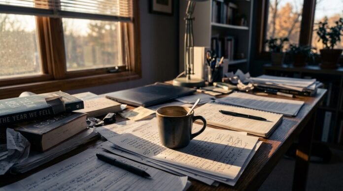 A coffee cup on a desk catching late light, the liquid low, a long day's end, no people.