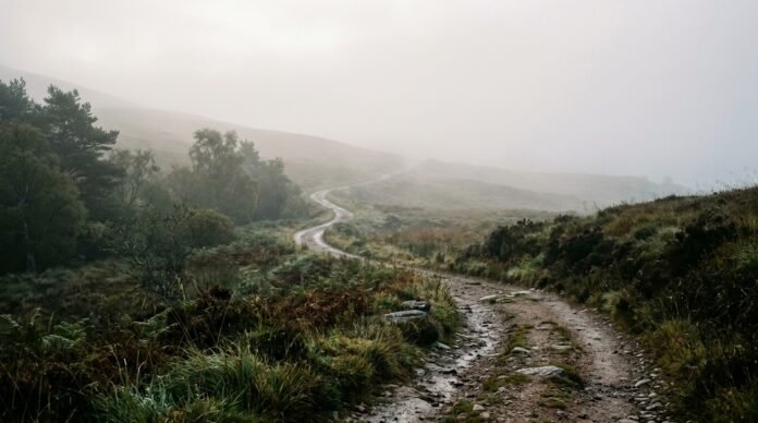 A winding path through soft morning mist, uneven and non-linear, seen from a distance.