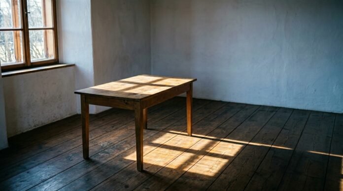 A bright shaft of winter sunlight falling across a plain table and floor in an empty room.