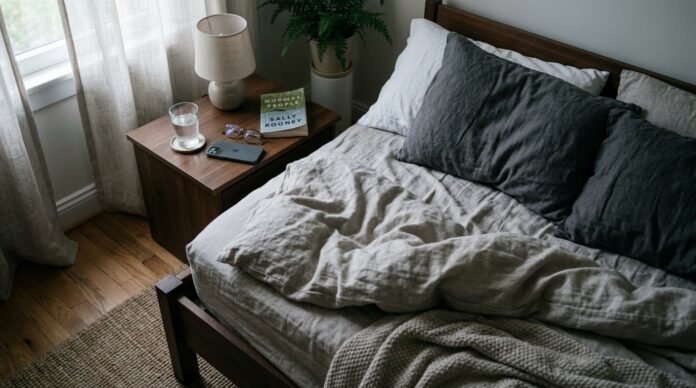 An overhead view of an unmade bed and bedside table in low morning light, calm and ordinary.