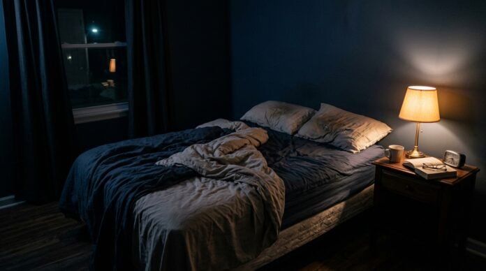 A dimly lit bedroom with a single lamp glowing beside an unmade bed late at night, no people.
