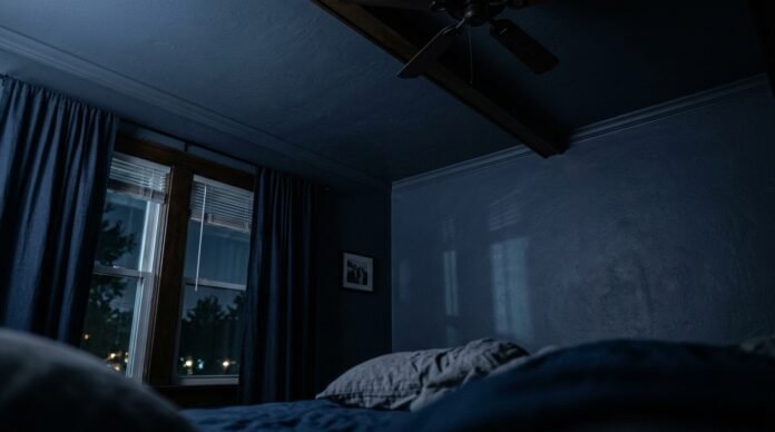 A dark bedroom ceiling seen from a bed at night, faint light from a window, no people.