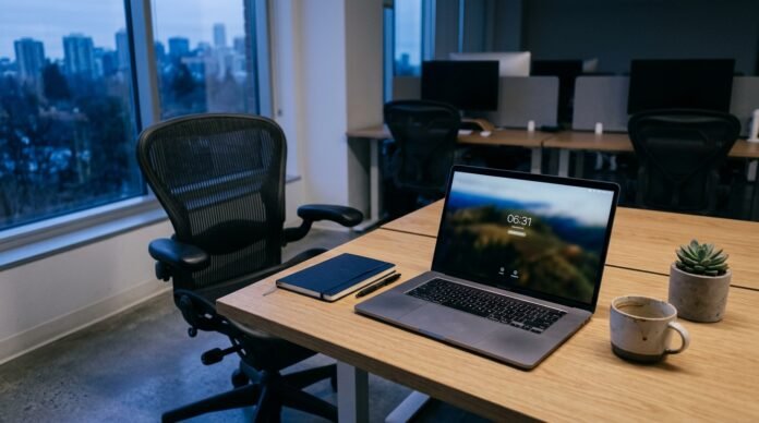 A laptop open on a desk in early light with an empty chair, a workspace before the day begins.