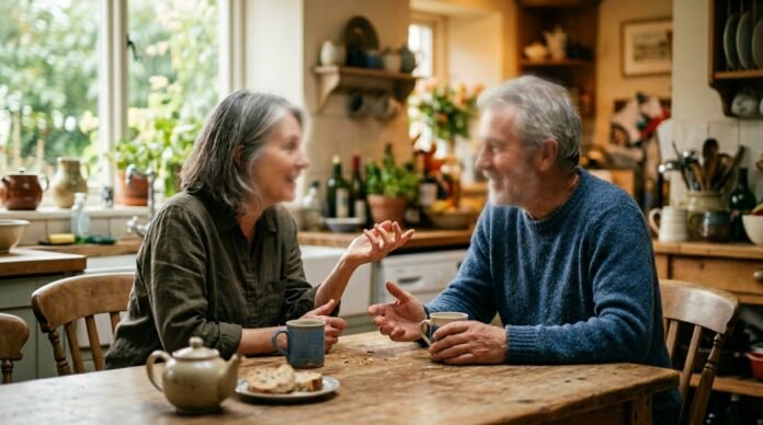 Two people in conversation across a table, leaning in, hands gesturing, warm engaged light.