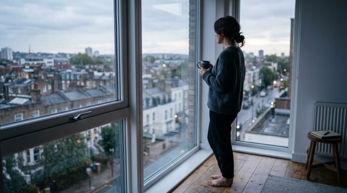 A person standing at a sunlit window in a quiet apartment, partly turned away, calm and contemplative.