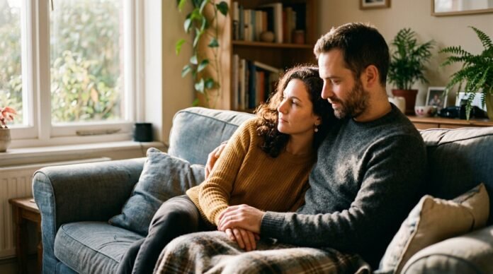 Two people sitting close on a sofa in warm light, relaxed, one leaning slightly toward the other.
