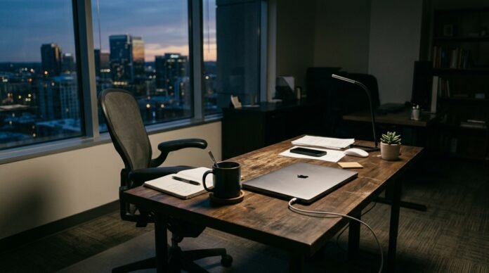 An empty office desk at end of day, chair pushed back, low light through a window, no people.