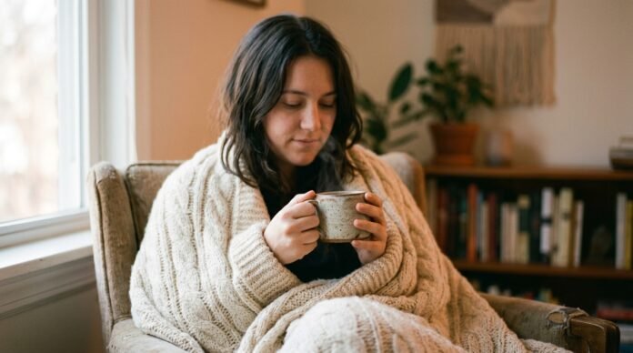 A person wrapped in a soft blanket holding a warm drink in gentle morning light, at ease.