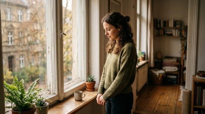 A person taking a slow breath by a window in warm daylight, shoulders easing, eyes lowered.
