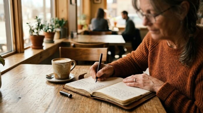 A person writing in a journal at a sunlit table, unhurried and reflective, warm morning light.