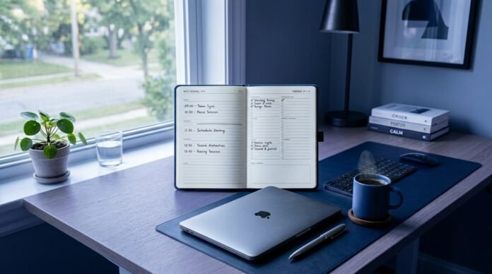 A tidy desk with a planner and coffee beside a window, orderly but tense, no people.