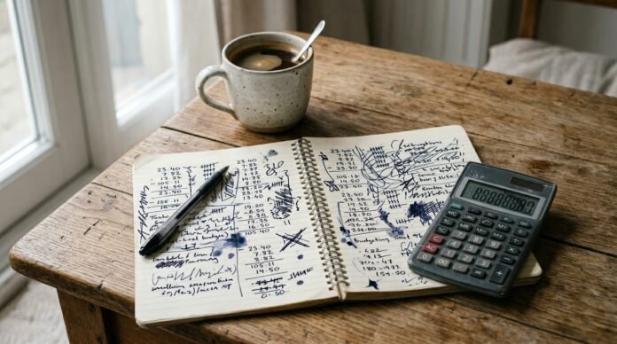A notebook with handwritten figures, a calculator, and coffee on a table in plain daylight.