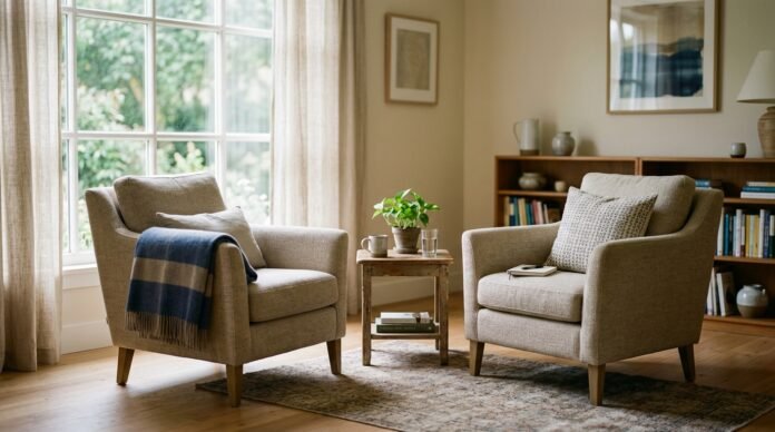 Two comfortable chairs facing each other in a calm, well-lit room, an inviting therapy setting.