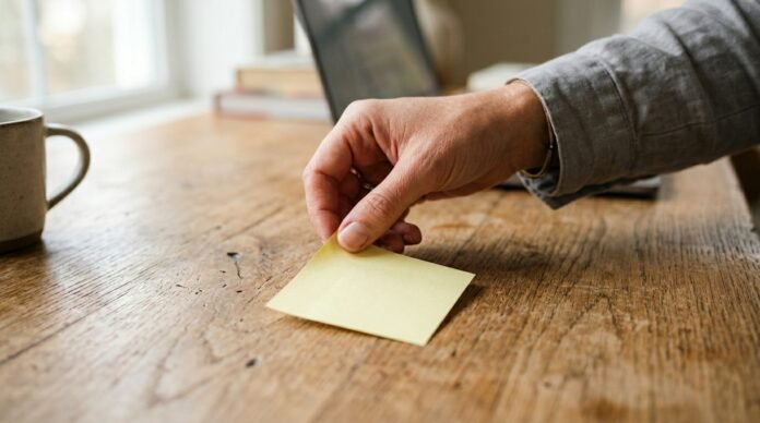 A hand placing a single sticky note on a clean desk in morning light, one small first step.
