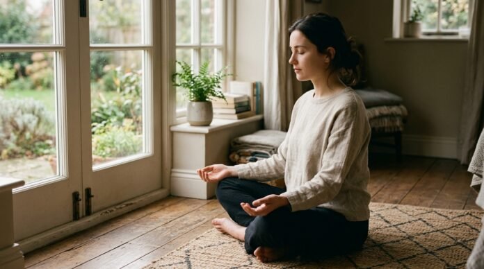 A person sitting calmly on the floor by a window, hands open on the knees, steady soft light.