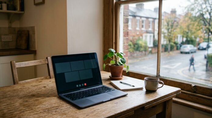 A laptop open on a kitchen table beside a window with a view to a street, two ways to connect.