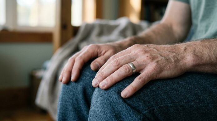 Close detail of a person's hands resting on their knees, steadying themselves, soft light.