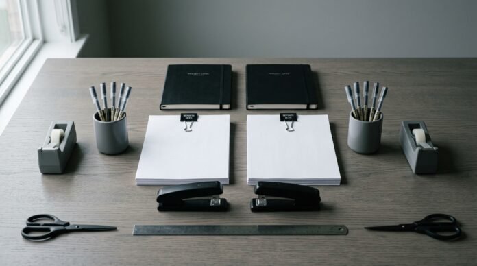 A perfectly aligned desk of identical objects in even light, orderly to the point of tension.