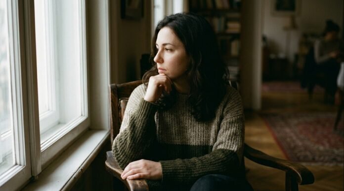 A person sitting thoughtfully in soft directional light, half in shadow, half lit, reflective.