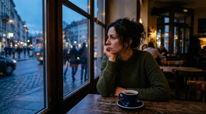 A person by a window in quiet evening light, coffee untouched, contemplating a decision.